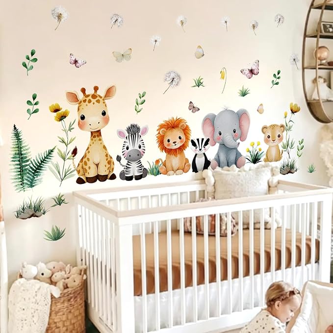 Watercolor Baby Safari Animals Wall Decal, Peel and Stick Jungle Animals Lion, Elephant Nursery Wall Stickers for Kids, Boys and Girls Room, Bedroom & Toddler Room Decor (Animal Floral Decals) - Image 3