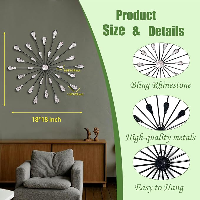 ZEXUIRU 3 Set Black Starburst Wall Art for Home Decor Metal Bling Crystal Rhinestones Sunburst Wall Decor Sparkling Rhinestone Art Accent Black - 18in - Image 4