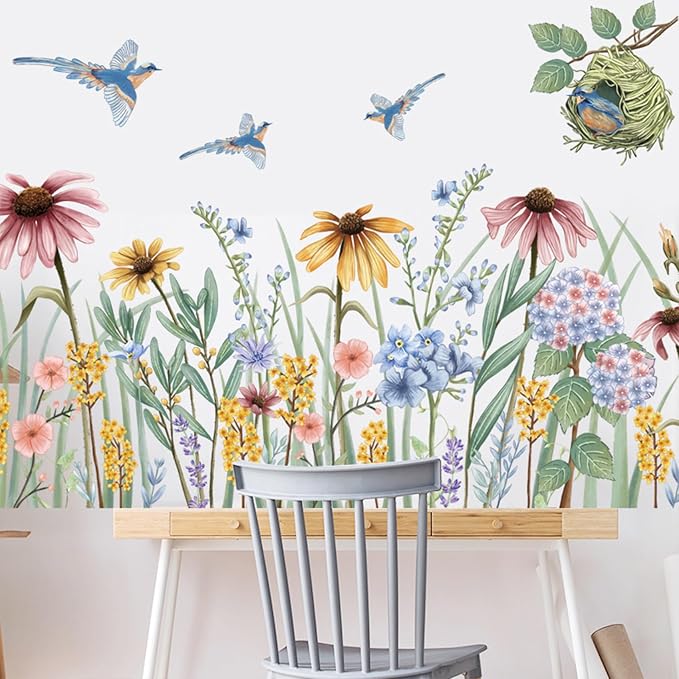 Wildflower Grass Daisy Wall Decals, Garden Floral Birds Flower Wall Stickers, Self-Adhesive Vinyl Wall Art Stickers for Girls Bedroom Living Room Nursery Decor - Image 3
