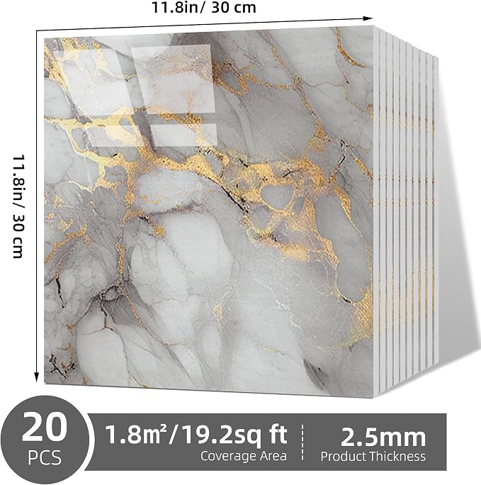 Peel and Stick Marble Wall Panels 11.8x11.8in Waterproof 20 Pack | Backsplash tile, shower wall, self adhesive, kitchen, bathroom, decorative tiles - Image 9