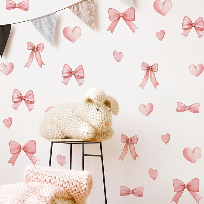 Arawat 48pcs Bowtie Wall Sticker and Decals for Bedroom and Bathroom Pink Bow Room and Wall Decor Heart Decoration Vinyl Peel and Stick Room Decor for Bedroom Bow Stickers by ARAWAT