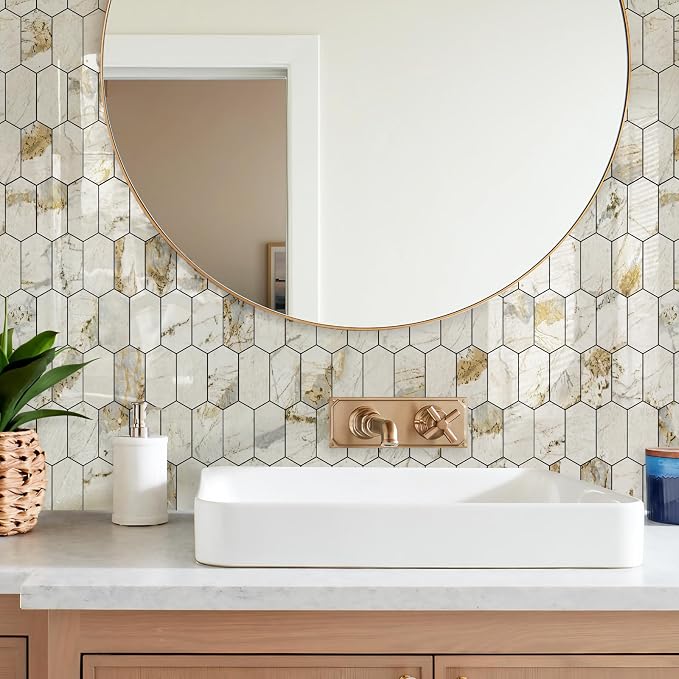 Vamos Tile Long Hexagon Peel and Stick Backsplash Tile - 10 Sheets Stick on Backsplash for Kitchen and Bathroom 12.4 x 12 Inch Glossy Pandora Marble with Gold Veining PVC Self Adhesive Wall Tiles - Image 6