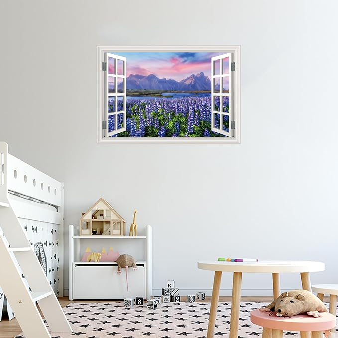 Fake Window Wall Decal- Mountain Lake Lavender Flower Open Wall Art Sticker | Faux Window Natural Scenery Landscape Mural｜Stick and Peel Wall Decals｜for Home Office Scene Decor｜48"x32",Set of 2 Sheets - Image 9