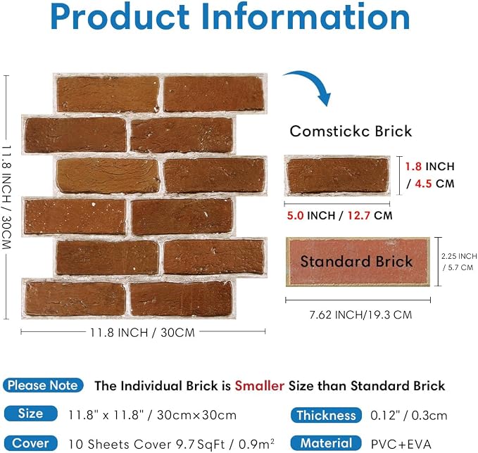 COMSTICKC 3D Peel and Stick Faux Brick Wall Panels for Quick DIY Wall Decor | Red Brown, 10 Pcs 11.8" x 11.8", Not Real Brick, Small Size, Lightweight Thin PVC Designed for Wall Makeover, Cover 9.7 sq ft - Image 4