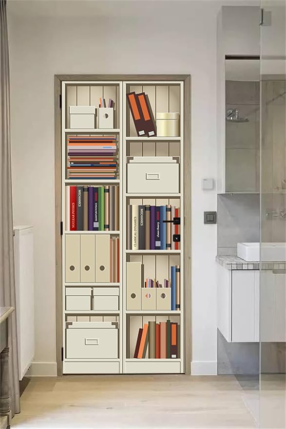 artfanke 3D Bookshelf Door Stickers Peel and Stick30.3 x78.7 - Self-Adhesive Door Murals Wallpaper - Waterproof Wall Decal for Living Room Bedroom Decor (2 Sheets/Set) - Image 6