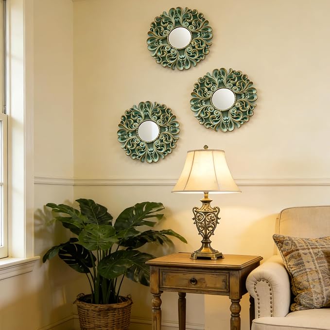 DXYAKY 3 Pack Floral Ornate Decorative Wall Mirror - Elegant Mint Green with Gold Accents, 9.8" Plastic Round Mirror Set, Lightweight Wall Art Décor for Bedroom, Bathroom, Living Room & Entryway - Image 6