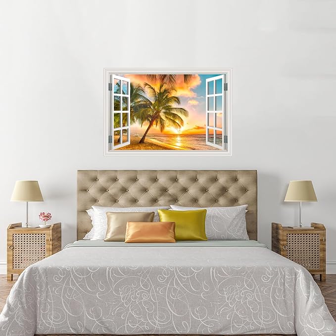 Fake Window Wall Decal- Summer Beach Ocean Coconut Trees Open Art Sticker | Faux Window Natural Scenery Landscape Mural ｜ Stick and Peel Wall Decals｜Room Bedroom Office Decor｜Large Murals 66"x48" - Image 4