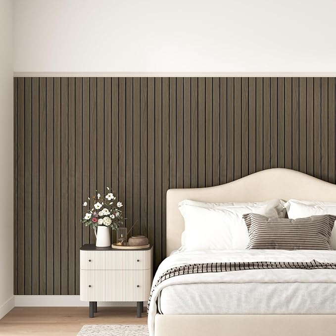 Dark Brown Wood Wall Panels Horizontal Wood Slat Contact Paper | Acoustic Slat Wall Paneling, 3D Acoustic Panels, Soundproof Foam Wallpaper for Bedroom, Bar Cabinet, Living Room, 11.8"x118" - Image 2