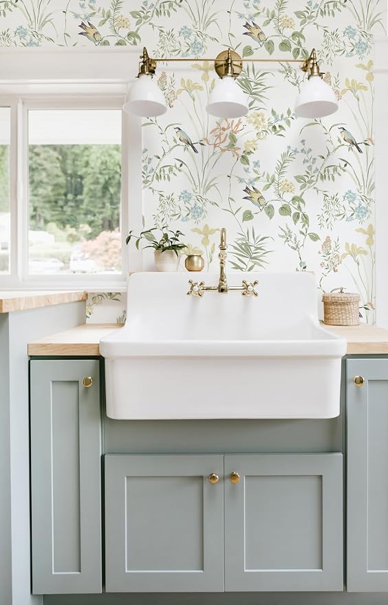 Erfoni Boho Floral Peel and Stick Wallpaper Green Floral Birds Wallpaper | 16.9" x197" DIY Self Adhesive Wallpaper Removable Wallpaper for Accent Wall Decor Modern Flower Leaf Contact Paper Vinyl Roll - Image 3