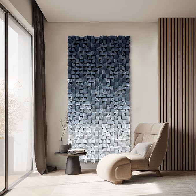 LIUZEYUE Large Monochrome Wood Wall Art Featuring Stepped Mosaic Depth | textured abstract wall art; monochrome slate, tonal gradient finish; gallery-style hallway focal art; 35.4 x 70.9 in by Unknown