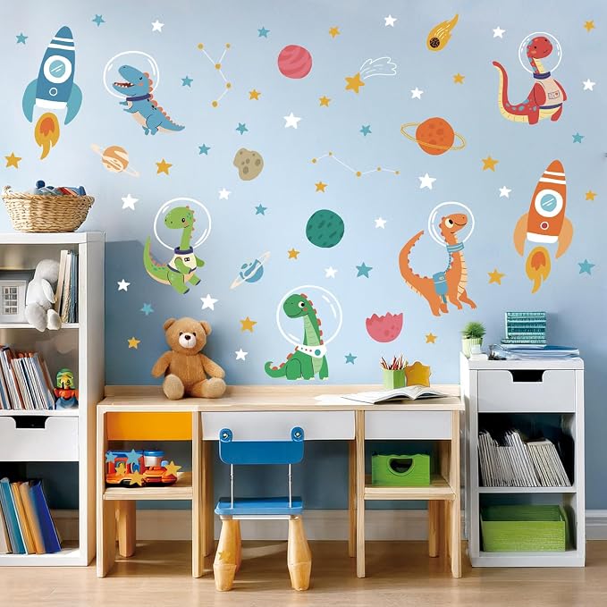 LHIUEM Cute Dinosaurs Astronaut Decal for Nursery,Outerspace Rocket Double Sided Window Clings,Solar System Classroom stickers,Planets Galaxy Gift for Kids Room,Transparent Celestial Stars Wall Decals - Image 4