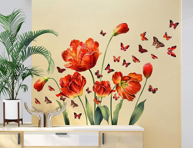 LiveGallery Large Pink Red Flowers Wall Stickers Removable Floral and Butterfly Wall Decal DIY Tulips and Green Leaf Vine Wall Decor for Kids Teens Girls Women Bedroom Nursery Living Room Decoration - Image 6