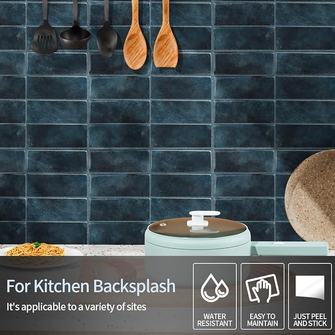 Peel and Stick Backsplash 3D Wall Tiles,Self-Adhesive,Oil Proof,Waterproof, Removable Wall Panels for Kitchen & Bathroom,Modern Design, Easy Install (10.7ft，12x9 inch,14 Pack) (Blue) - Image 5