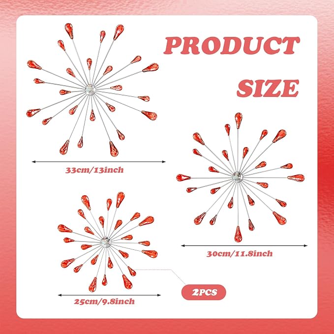 ZEXUIRU 4 Set Silver Starburst Wall Art for Home Decor Metal Bling Crystal Rhinestones Sunburst Wall Decor Sparkling Rhinestone Art Accent -Red 13in/11.8in/9.8in/9.8in - Image 3