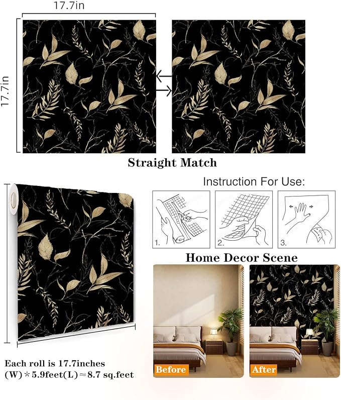 Dark Black and Gold Leaf Peel and Stick Wallpaper 17.7" x 70.8" | Self-adhesive removable waterproof leaf design for bedroom accent walls and renter friendly spaces - Image 6