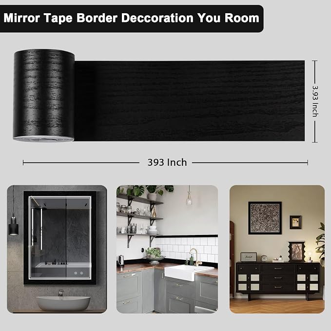 Alened 10M Black Mirror Border Peel and Stick, Wood Grain Wallpaper Border - Image 4