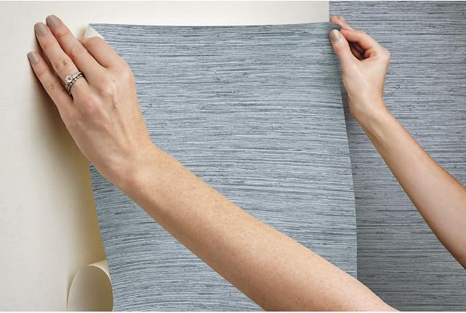 RoomMates Blue and Gray Faux Grasscloth Peel and Stick Wallpaper, Removable Self-Adhesive Wallpaper Roll, Textured Look - Image 7