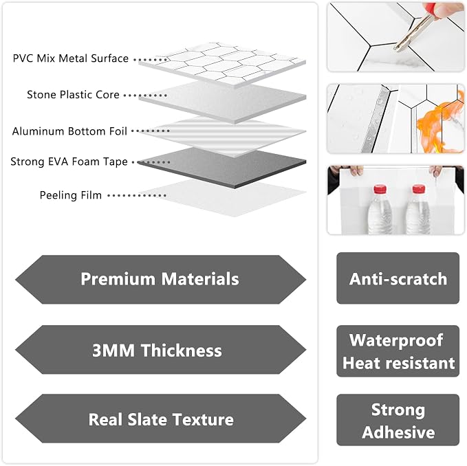 Vamos Tile Long Hexagon Peel and Stick Backsplash Tile - 10 Sheets Stick on Backsplash for Kitchen and Bathroom 12.4 x 12 Inch White Marble Look PVC Mixed Metal Silver Self Adhesive Mosaic Wall Tiles - Image 3