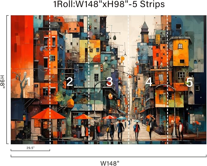 Zeeko Colorful Modern City Wall Murals 3D Peel and Stick 148" W x 98" H | Hand Painted City Wallpaper Removable Graffiti Wall Paintings People Building Abstract Wall Decor for Bedroom Bathroom Office - Image 2