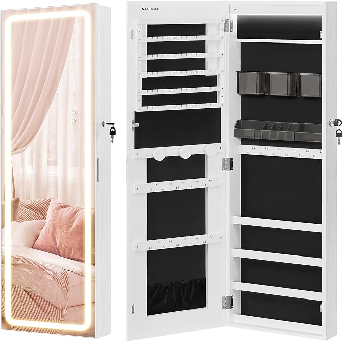 SONGMICS Mirror Jewelry Cabinet Armoire, Wall or Door Mounted, LED Mirror - Image 8
