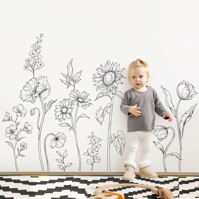 Large Black and White Flower Wall Decals, 3 Sheets Simple Modern Minimalist Sunflower Tulip Wall Stickers Floral Art Decor for Girls Bedroom Home Room Office Adult Gifts for Mom(11.8x35.4 in/Sheet) - Image 2