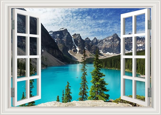Fake Window Wall Decal- Summer Mountains Lake View Open Sticker Decorations | Faux Window Natural Landscape Art Mural｜Stick and Peel Wall Decals｜for Room Bedroom Office Scene Decor｜24"x16" by Clickhere