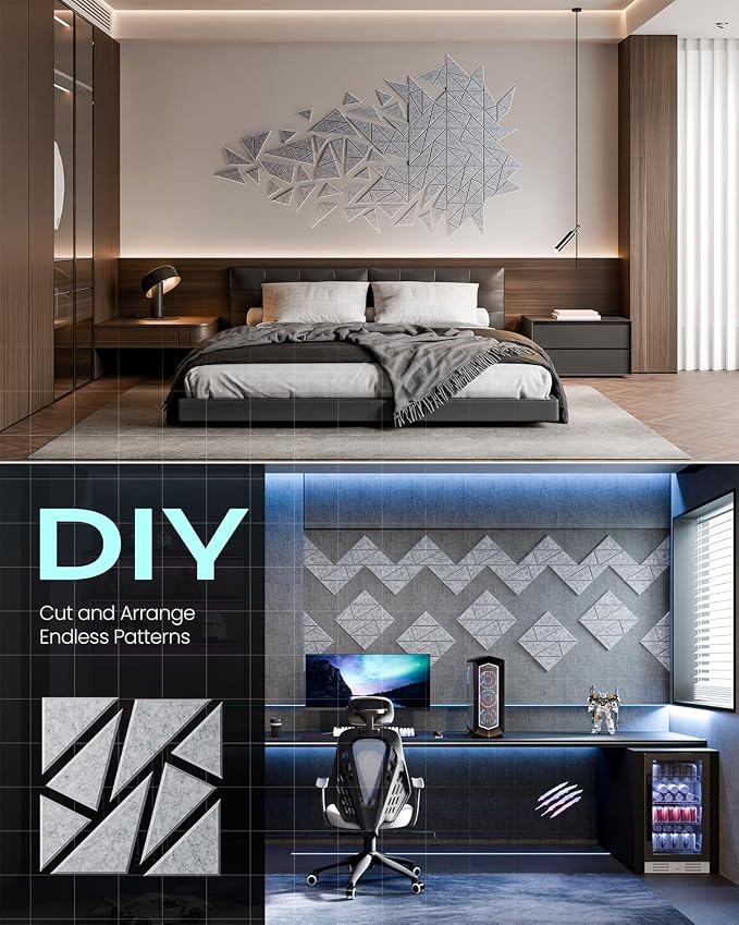 18 Pack Geometric Design Sound Proof Foam Panels for Walls 12"x12"x0.4" Fabric | Cuttable self-adhesive acoustic panels for home studio noise reduction with flexible DIY layout, decorative Sliver Gray - Image 4