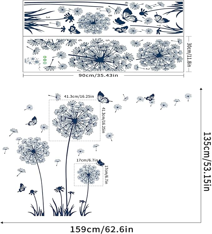 Arawat 2 Set Dandelion Wall Decals Peel and Stick Blue Dandelion Wall Stickers Large Floral Wall Stickers & Murals Flower Wall Decals for Living Room Bedroom Bathroom Restroom Roommates Vinyl Wall Art - Image 4