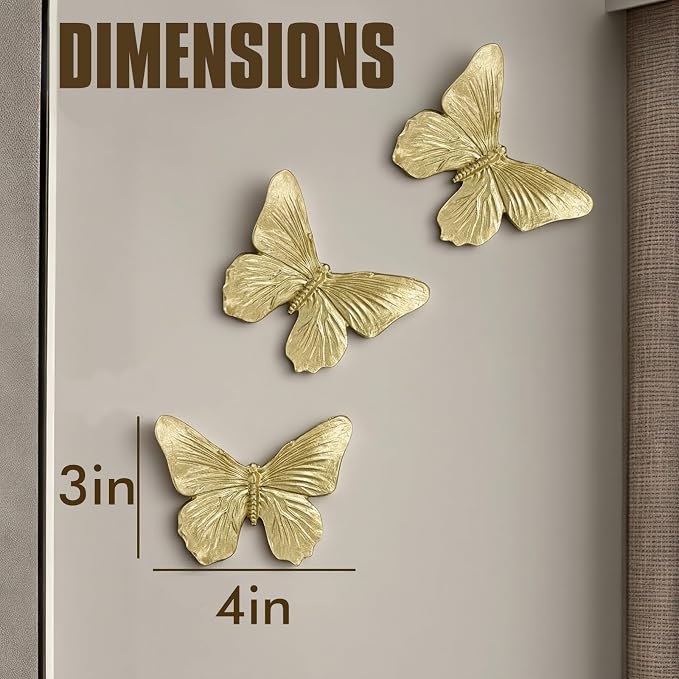 GUSFREUD 3D Butterfly Wall Decor Set – Resin Wall Decor for Living Room, Bedroom, Bathroom, Dining Room, Outdoor and Gallery Walls - Antique Gold - Set of 3 - Image 3