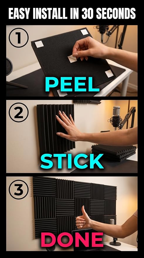 96 Pack Allxinlog Absorb the echo Acoustic Foam Panel Wedge Studio Soundproofing Wall Tiles 12" X 12" X 1"(Accompanied By Double-Sided Adhesive Tape) (96-BLACK) - Image 7