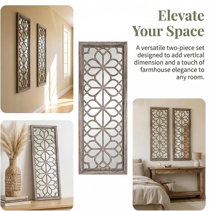 Set of 2 16x41.5 Inch Large Carved Floral Wood Frame Wall Mirrors, Shatterproof Boho Farmhouse Rustic Accent Mirrors for Living Room, Bedroom, Bathroom, Entryway & Home Wall Decor （Brown） - Image 7