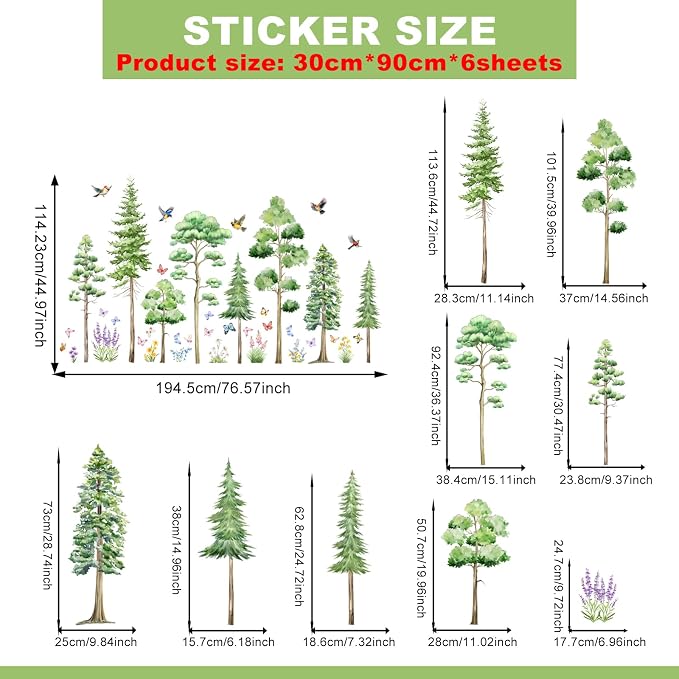 Watercolor Large Tree Wall Stickers Peel and Stick Murals Decal | Pine Tree Wall Forest Decal for Living Room TV Walls Baby Bedroom Classroom Nursery (Green Various Trees, 11.8 * 35.4inch) - Image 6