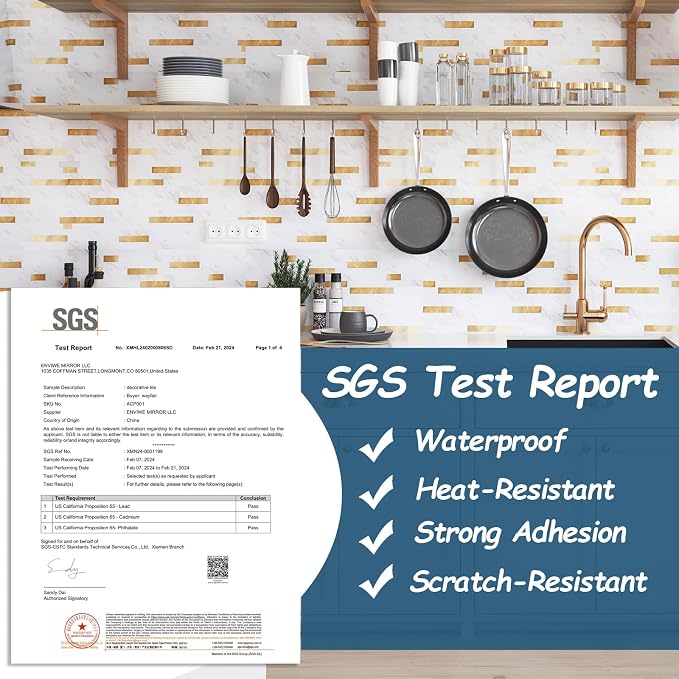 Yipscazo 1 Sheet Peel and Stick Stone Metal Tile Backsplash, Stick on Tiles for Backsplash Kitchen, Bathroom, Laundry Room, Camper, Fireplace (12'' X 12'', White Stone with Gold) - Image 2