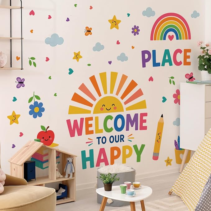 Boho Sun Wall Decal Watercolor Modern Half Sun Wall Decal Sun Rainbow Pencil Wall Stickers Vinyl Sticker for Classroom Playroom Bedroom Wall Decor - Image 5