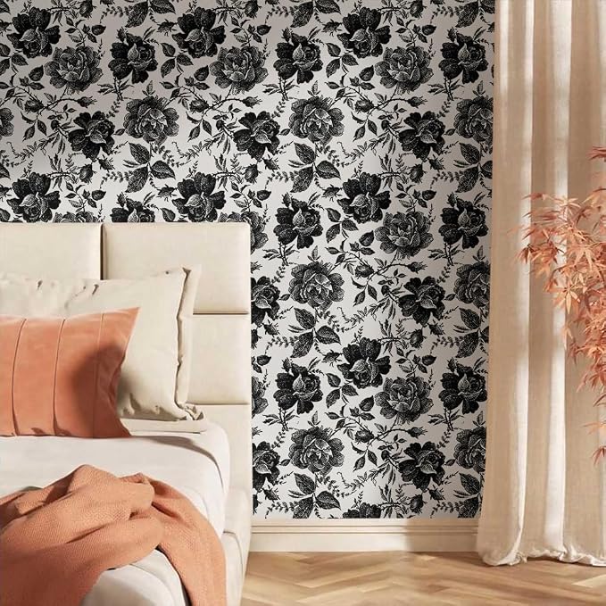 Black and White Peony Floral Rose Vintage Flowers Modern Peel and Stick Wallpaper Wall Decor Self Adhesive Wall Paper Stick on Easy Peel Off Contact Paper for Renter Bedroom Apartment - Image 2