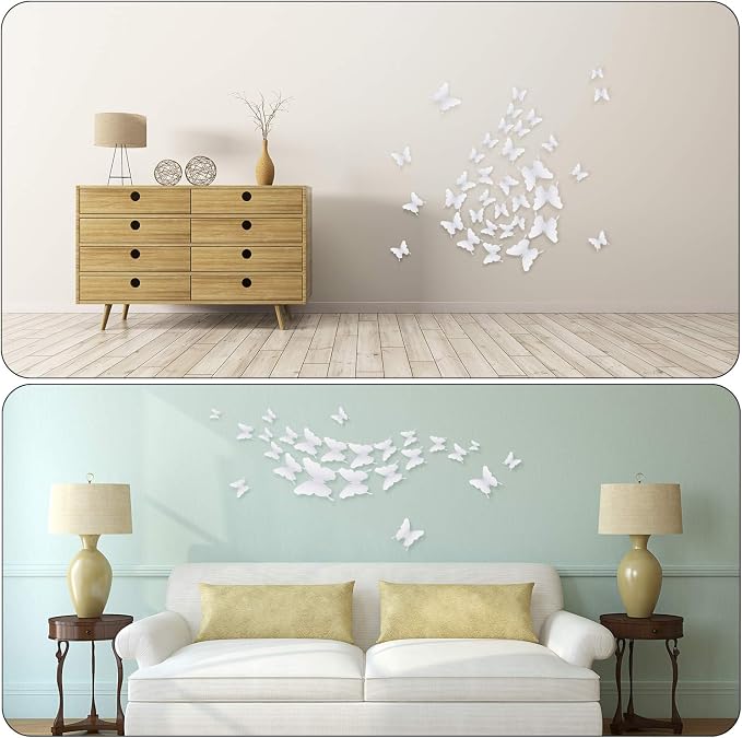 BBTO 48 Pcs 3D Butterfly Mirror Wall Decor,White | Butterfly Stickers,3 Sizes,for Birthday Party Cake,Room Nursery Bathroom Wall Decor,Removable Peel Stick,Reflective - Image 7