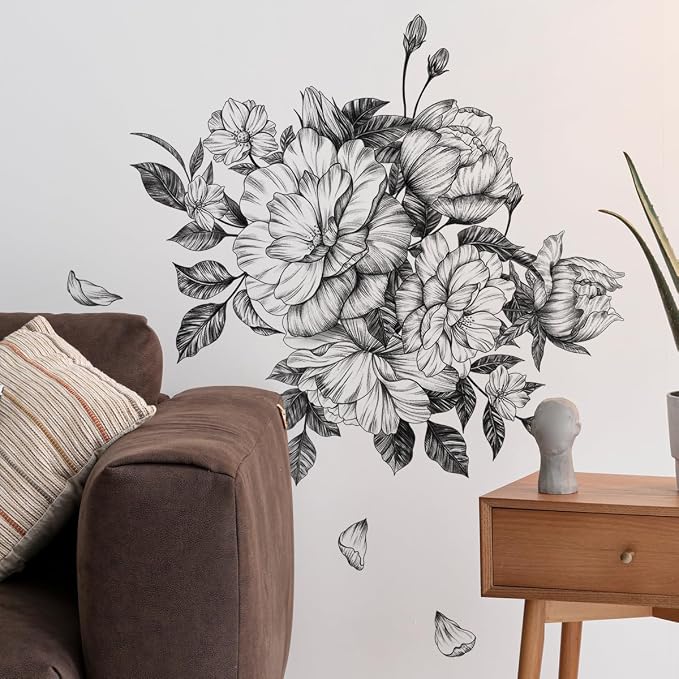 Runtoo Black and White Floral Wall Decals Peony Flower Wall Stickers Living Room Bedroom Office Wall Decor - Image 2