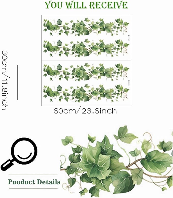4 Pcs Leafy Green Ivy Vines Wall Stickers Greenery Wall Art Decals | Natural Plants DIY Removable Vinyl Peel and Stick for Living Room Bedroom Classroom Kitchen Home Decor - Image 4