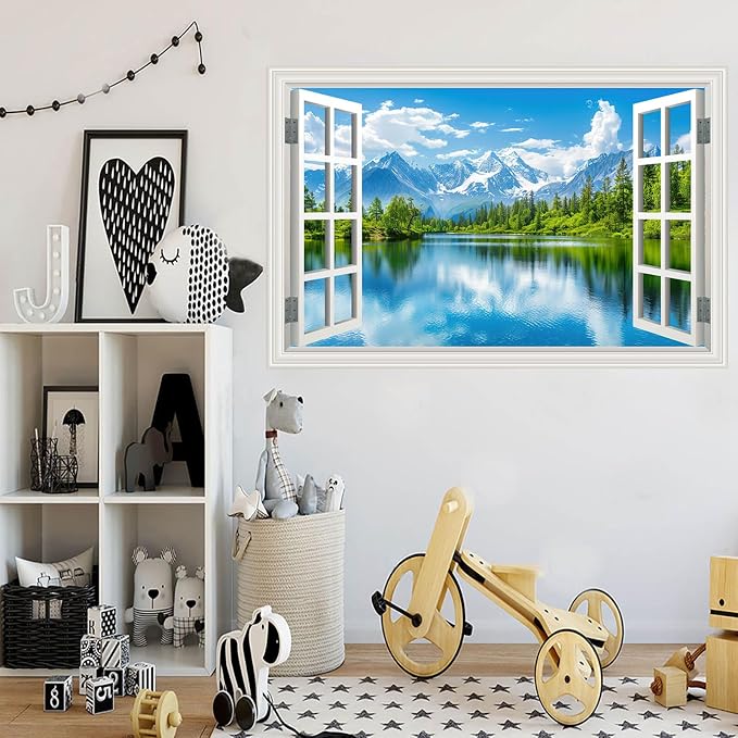 Fake Window Wall Mural Sticker Mountain Lake Forest Tree Faux Window Wall Cling Art Picture Poster Decals Decor, Stick and Peel Landscape Natural Scenery Scene（48"x32",Set of 2 Sheets） - Image 9