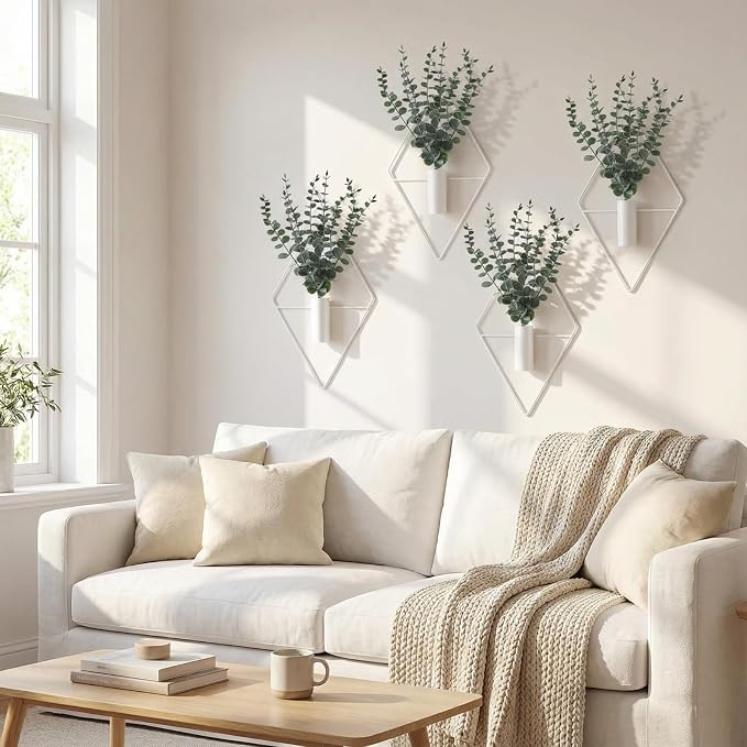 Jexine 8 Pcs Hanging Artificial Planters Wall Decor, White, Eucalyptus | Bathroom Wall Decor, Geometric Metal Vase, Indoor Plants, Living Room, Home Office, Entryway, Boho Accent, Wall Mounted - Image 4