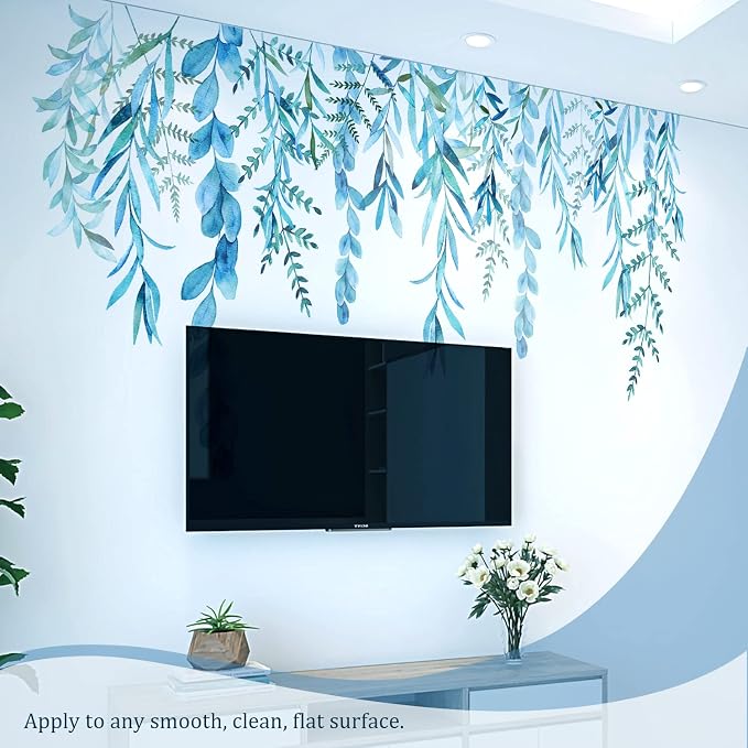 Blue Hanging String of Willow Wall Decals Peel and Stick, Large Plants Vinyl Wall Stickers, Removable Vine Home Decor Art for Bedroom Living Room Classroom Office - Image 6