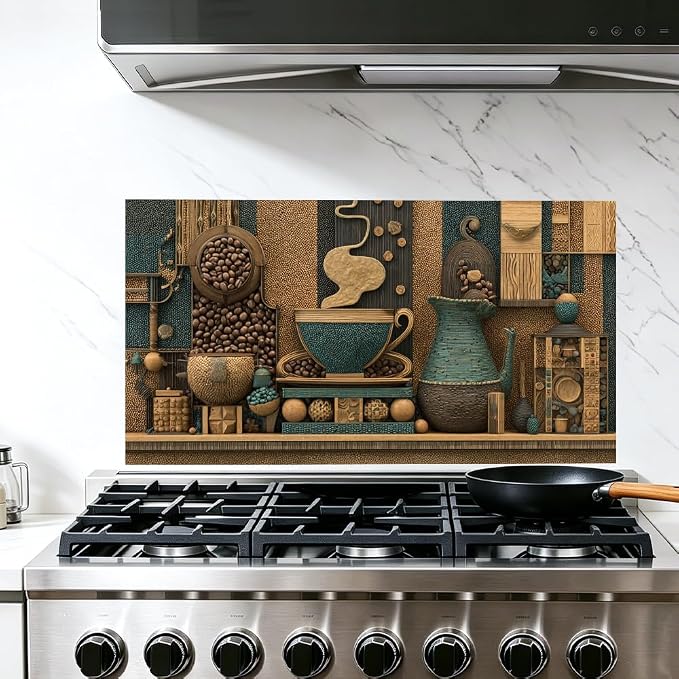 Coffee Bean Teal Mosaic Kitchen Backsplash Peel and Stick, 30x16 in | Mosaic coffee beans, steaming cup and teal pitchers in brown and teal tones; flat 2D peel and stick; wipe clean; 30x16 in by JOYHAUE