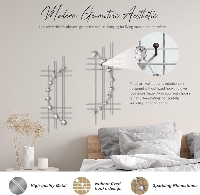ZEXUIRU 2 Pcs Abstract Metal Art for Wall Decor Living Room Bedroom Bathroom Office Metal Bling Modern Geometric Hanging Vertical Small Iron Sculpture Plaque Pack -Silver 24in - Image 4