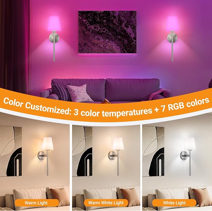 Battery Operated Wall Sconces Set Of 2, Wireless Battery Wall Light With 10000mAh RGB Rechargeable Magnetic Bulb, Rechargeable Wall Sconce With Remote Control For Bedroom, No Electrician Required - Image 3