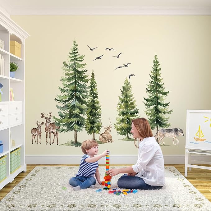 Green Pine Tree Wall Sticker Woodland Animals Wall Decal Peel and Stick Forest Wall Art Mural Deer Wolf Bird Wall Stickers for Bedroom Decor - Image 5