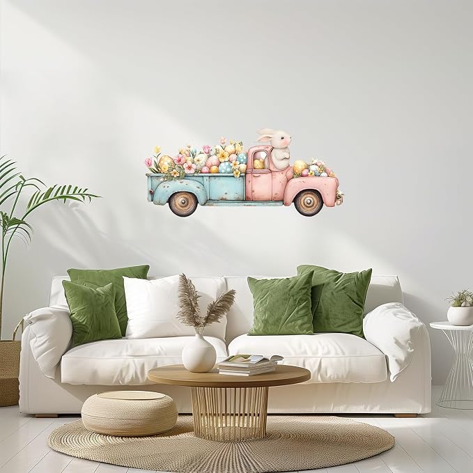 ANNA QUEEN Easter Bunny Truck Wall Decals Peel and Stick Vintage Easter Rabbit Truck Wall Stickers Removable Vinyl Easter Egg Wall Decor for Nursery Kids Room Spring Holiday Wall Art by ANNAQUEEN