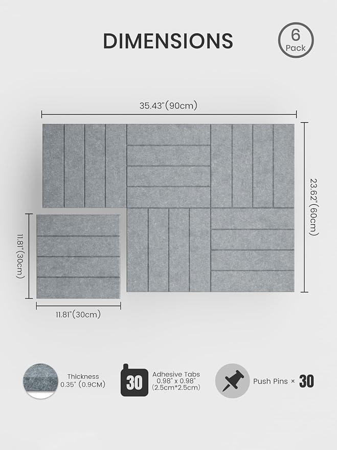 Bumusty 36"x 24" Large Felt Bulletin Board Tiles, Blue Gray | 6-Pack Cork Board Alternative, Wall Decor, 30 Pushpins, 30 Adhesive Tabs, Vision Board, Office, Classroom, Home, Dorm - Image 2