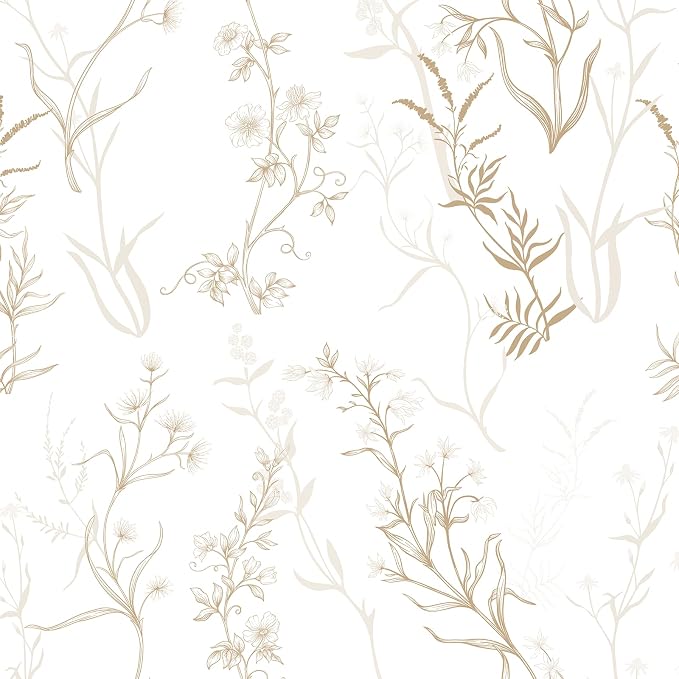 Timeet Botanical Floral Peel and Stick Wallpaper Beige Wildflower Self Adhesive Wall Paper Removable Plant Vine Wallpaper Contact Paper for Living Room Bedroom Accent Decor 17.7" x 78.7" by Timeet