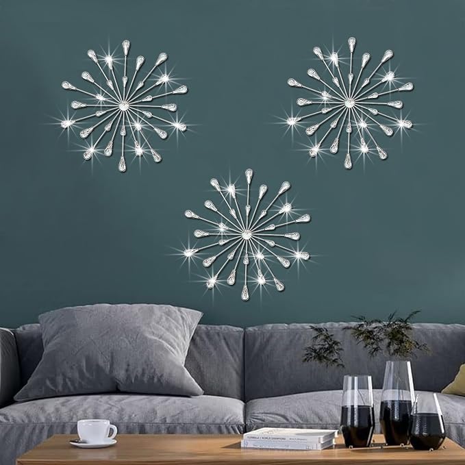 ZEXUIRU 3 Set Silver Starburst Wall Art for Home Decor Metal Bling Crystal Rhinestones Sunburst Wall Decor Sparkling Rhinestone Art Accent Silver - 18in by ZEXUIRU