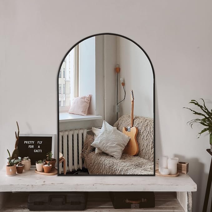 Arched Bathroom Mirror for Wall, 36" x 24" Metal Frame Vanity Mirror, Black by TRAHOME